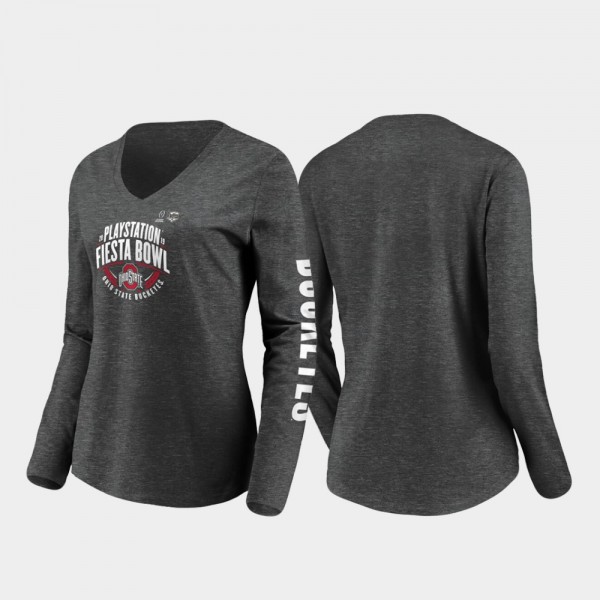 Ohio State Buckeyes Men's Long Sleeve Ladies Stiff Arm 2019 Fiesta Bowl Bound V-Neck Heather Charcoal College Football T-Shirt 2404TYUA1